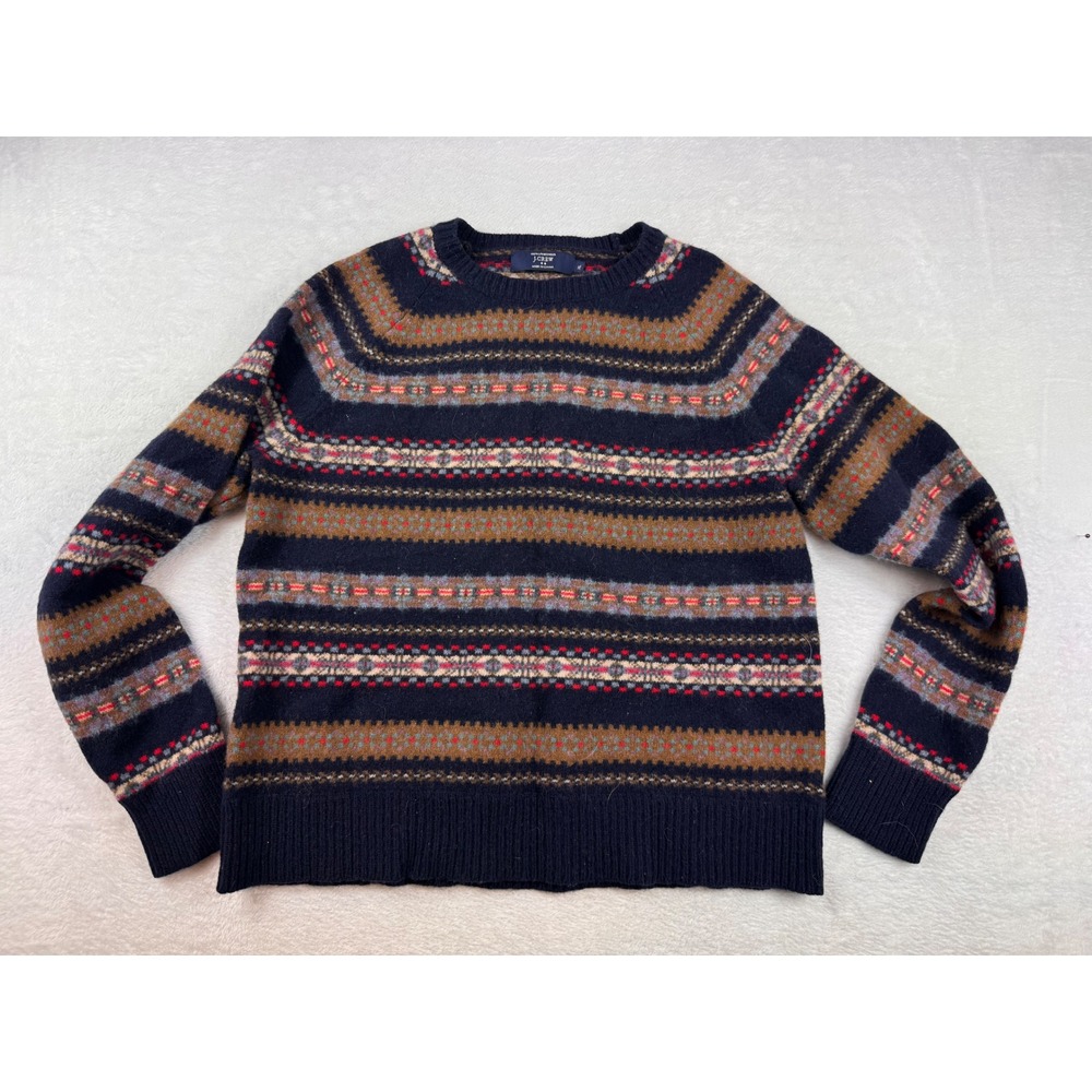J.Crew Mens XL Lambswool Fair Isle Stripe Crewneck Sweater Navy Blue Brown